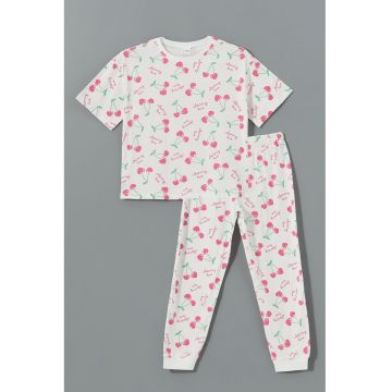 Pijama lunga cu imprimeu grafic - Alb/Verde deschis/Rosu deschis