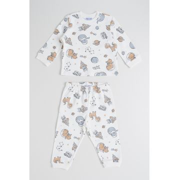 Pijama lunga cu model - Maro inchis/Albastru prafuit/Alb murdar