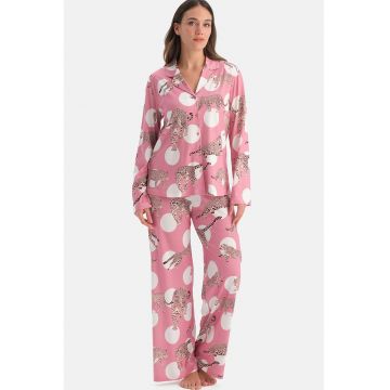 Pijama lunga din amestec de modal - Alb/Roz