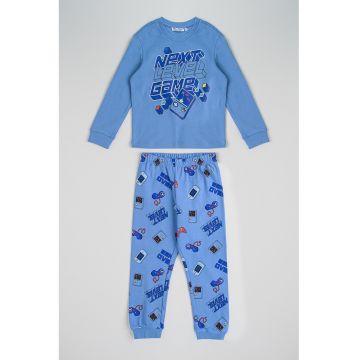 Pijama lunga din bumbac cu model grafic - Rosu/Negru/Albastru