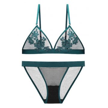 Set de lenjerie intima cu detalii brodate - Verde