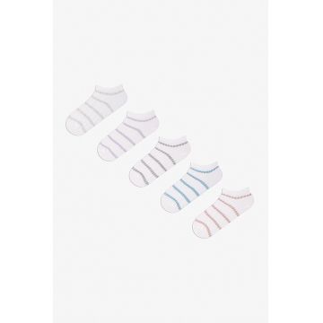 Set de sosete pana la glezna cu model in dungi - 5 perechi - Alb