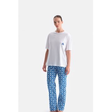 Pijama cu maneci scurte si imprimeu - Alb/Turcoaz