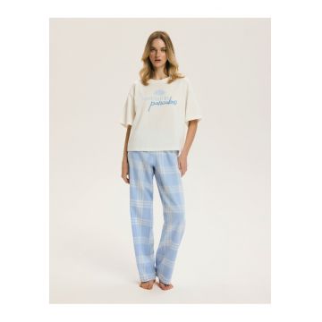 Pijama dama - Carouri - Alb crem-Albastru deschis - Lazy - Carouri