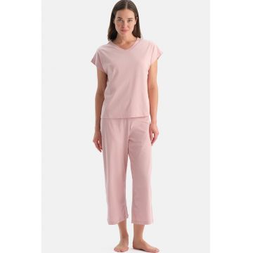 Pijama de bumbac cu decolteu in V - Roz deschis