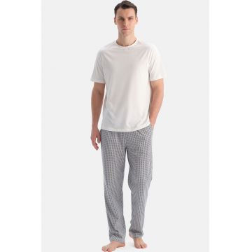 Pijama de bumbac cu imprimeu si decolteu rotund - Alb/Gri deschis