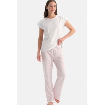 Pijama de bumbac cu pantaloni lungi cu dungi - Alb