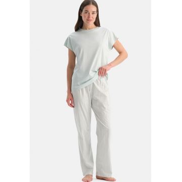 Pijama de bumbac cu pantaloni lungi cu dungi - Verde pal