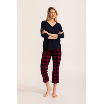 Pijama din bumbac cu maneci 3/4 Tartan - Rosu/Bleumarin
