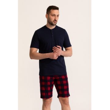 Pijama din bumbac cu pantaloni scurti Tartan - Bleumarin