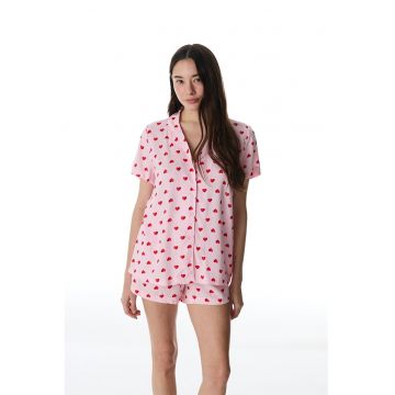 Pijama scurta cu imprimeu cu inimi - Rosu/Roz
