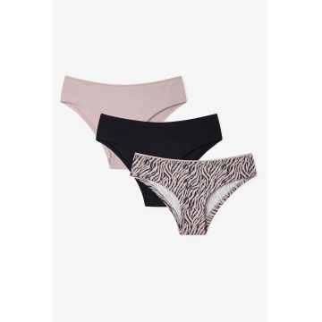 Set de chiloti hipster cu model si uni - 3 perechi - Negru/Roz