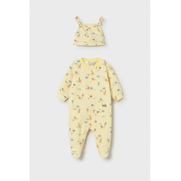 Set de salopeta de pijama cu botosei si imprimeu si caciula - Galben pai