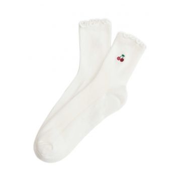 Sosete dama lungi cu imprimeu cirese - alb crem - Pure Cherries - Alb