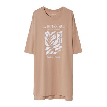 Camasa de noapte dama cu imprimeu cu crengute cu frunze si text - - Bej