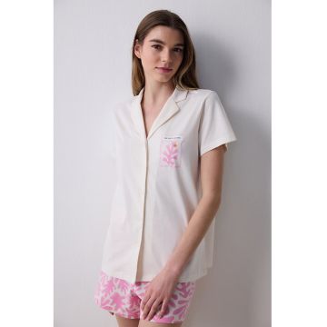 Camasa de pijama din bumbac cu pantaloni scurti - Alb/Roz