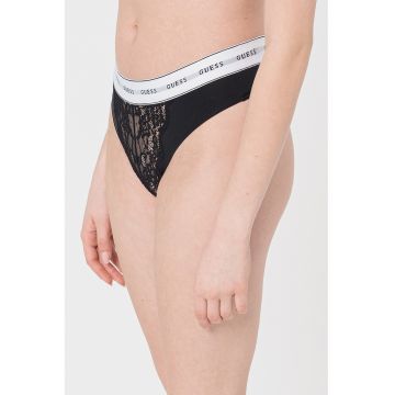 Chiloti tanga cu banda logo in talie - Alb/Negru