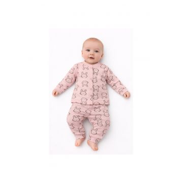 Pijama bebelus fetita 2 piese bumbac cu iepurasi bluza pantaloni roz
