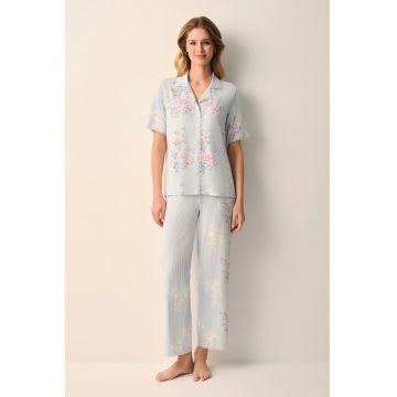 Pijama cu imprimeu floral si nasturi - Albastru glaciar - Roz pal -