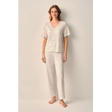 Pijama cu imprimeu floral si nasturi - Verde/Bej