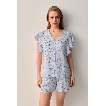 Pijama cu imprimeu fluture si nasturi - Albastru deschis - Albastru -