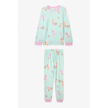 Pijama cu maneci lungi si imprimeu - Roz/Verde menta