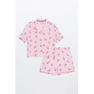 Pijama cu maneci scurte si imprimeu fructat - Albastru inchis/Roz pastel