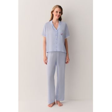 Pijama cu pantaloni lungi - revere decupate si dungi - Alb/Albastru pastel