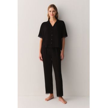Pijama cu pantaloni lungi si revere decupate - Negru -