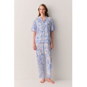 Pijama cu revere decupate si imprimeu floral - Albastru pastel -