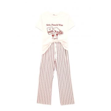 Pijama de bumbac cu imprimeu - Rosu/Alb murdar