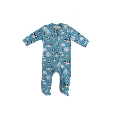 Pijama de bumbac organic cu botosei si fermoar - Albastru deschis