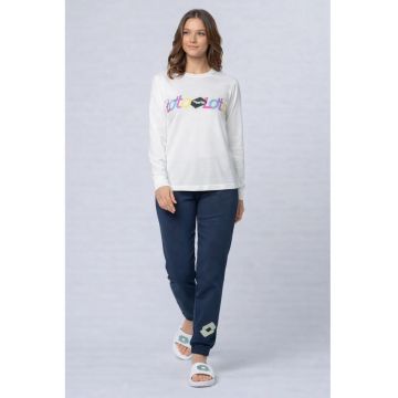 Pijama din bumbac cu decolteu rotund - Alb