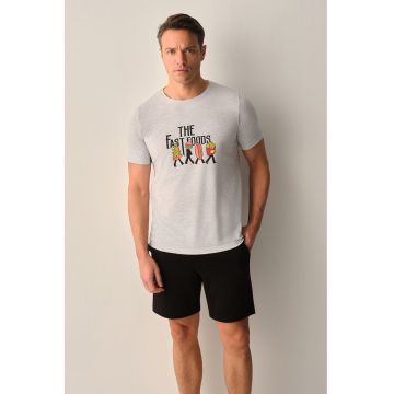 Pijama din bumbac cu design grafic - Negru - Gri deschis -