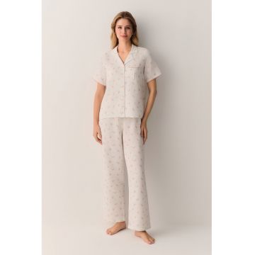 Pijama din bumbac cu maneci scurte si model floral - Alb -