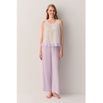 Pijama fara maneci cu model - Lila -