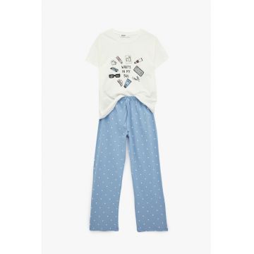 Pijama lejera de bumbac cu imprimeu - Albastru pastel/Alb murdar