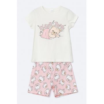 Pijama scurta cu imprimeu cu ursulet - Alb murdar/Roz prafuit/Bej deschis