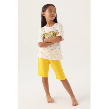 Pijama scurta cu logo si imprimeu floral - Alb/Galben