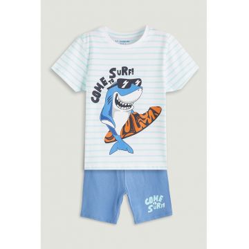 Pijama scurta din bumbac cu model - Albastru pastel/Portocaliu mandarina/Alb optic