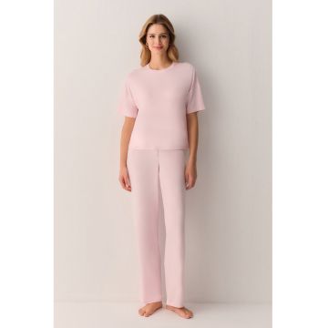 Pijama uni cu decolteu rotund - Roz pal -