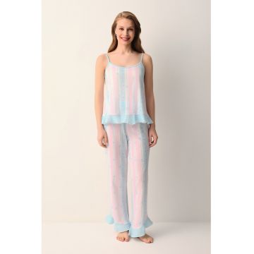 S Pijama cu decolteu patrat si imprimeu - Turcoaz - Roz deschis -