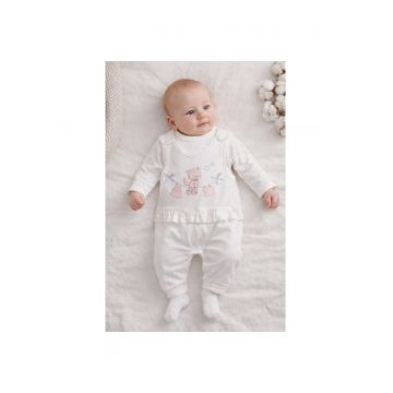 Salopeta bebe alba bumbac bluza cu maneca lunga broderie delicata si sosete
