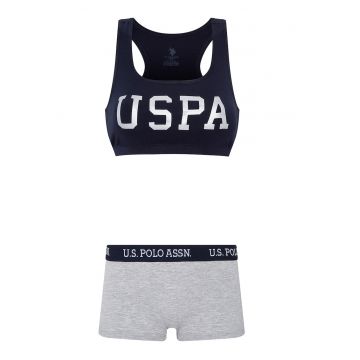 Set de boxeri si bustiera cu logo - Gri melange/Bleumarin