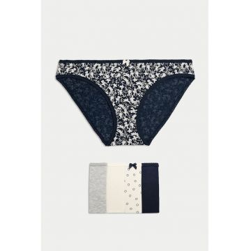 Set de chiloti cu imprimeu si model uni - 5 perechi - Alb fildes/Gri deschis/Albastru ultramarin