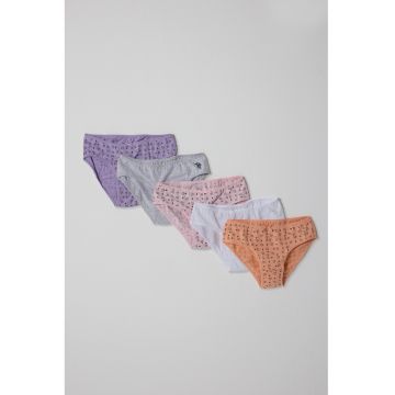 Set de chiloti de bumbac cu model - 5 piese - Violet/Alb optic/Gri deschis melange