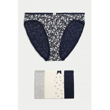 Set de chiloti din amestec de bumbac cu model - 5 perechi - Alb fildes/Gri deschis/Albastru