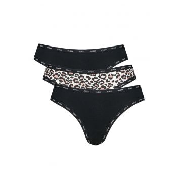 Set de chiloti tanga din amestec de bumbac - 3 perechi - Alb/Negru/Maro deschis