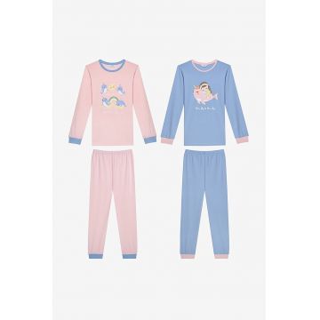 Set de pijama din bumbac cu imprimeu - 2 perechi - Albastru azur/Roz pal