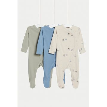Set de pijamale cu capse - 3 perechi - Alb fildes/Albastru lavanda/Kaki